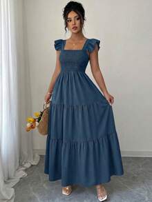 Summer Square Neck Backless Smocked Dress Women's Sleeveless Ruffle Trim Tiered Cami Midi Beach Vacation Dress - 藏蓝色 - 查看 5