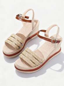 Women's Straw Platform Sandals - Gold Metal Strap Decor, Thick Sole Flattering Design, Summer Beach Vacation Shoes - Beige - View 6