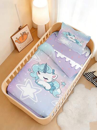 1 Set Of Baby Bedding, Light Purple Unicorn Pattern Duvet Cover Set, Made Of Polyester Material, Digitally Printed, Suitable For Male And Female Babies, Baby Beds, Decorations, Gifts, All Seasons. Comes With 1 Pillowcase.