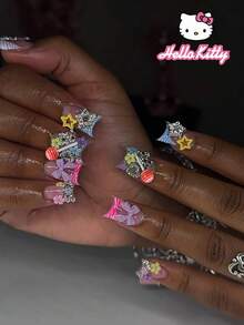 SANRIO Y2K 24片装中号鸭子豹纹粉色法式美甲贴片，饰有可爱3D粉色蝴蝶结、爱心、水钻星星、棒棒糖、水钻和花朵图案，彩虹色系，完美贴合假指甲套装，包含1片果冻胶和1个指甲锉，适合女性和女孩日常及派对使用。 - 彩色 - 查看 8
