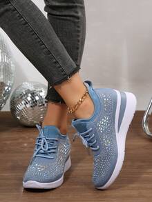 Zapatillas deportivas de mujer con cordones, estilo nuevo, con diamantes de imitación, cuña gruesa, casual, transpirables y cómodas, para correr, viajes al aire libre, adecuadas para todas las estaciones, zapatillas de entrenamiento para mujeres - Neblina azul - Ver 5