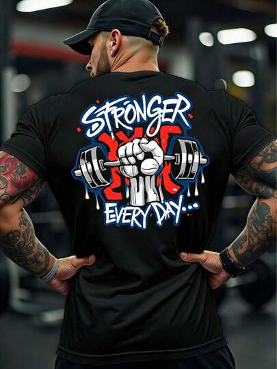 Men's Summer Outdoor Sports Fitness Training Short Sleeve T-Shirt With Barbell Print & V-Neck; Suitable For Sports Casual Wear