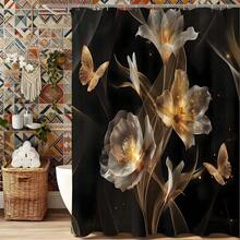 "Luxury Black Gold Butterfly Floral Shower Curtain, Glittering Crystal Butterfly With Golden Flower Pattern On Black Background Waterproof Polyester Curtain With 12 Hooks, Glamorous Gothic Bathroom Decor, High-End Home Restroom Decoration Gift For Women" - Black Gold - View 11