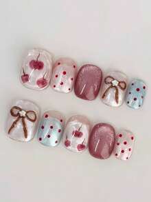 10pcs Sweet Fresh Ins Retro Daily Y2k Cute Handpainted Polka Dot Apple 3D Five-Pointed Star Crystal Bowknot Cat Eye Nail Stickers Nail Art Decals - Multicolor - View 2