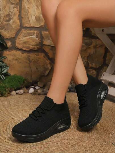 Women's All Black Casual Sneakers, Air Cushion Shock Absorbing Slip-On Knit Sock Shoes, Suitable For Dancing