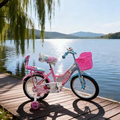 Bicicletta da 16 pollici con cestino anteriore e rotelle di supporto, bici da città, colore casuale