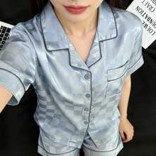 Ice Silk Short-Sleeved Pajamas Loungewear Summer Thin Plaid Pajamas Women's Sweet And Cute Silk Two-Piece Suit Summer LoungewearLeisure, Anti-Static, Breathable, For Sleeping, For Bathing, Elastic, Antibacterial, For Home Use, Warm, Comfortable, Moisture-Wicking And Breathable, Can Be Worn Outdoors - 藍色格子雙短 - 查看 1