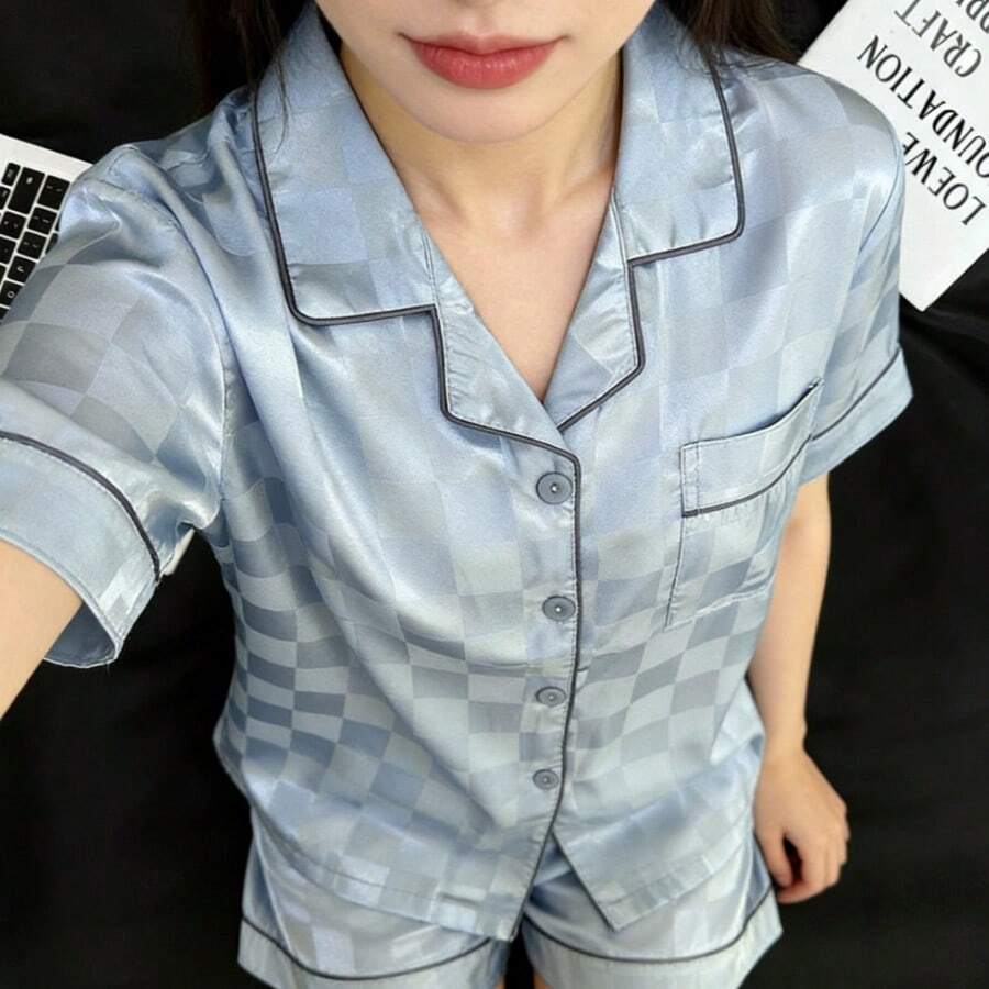 Ice Silk Short-Sleeved Pajamas Loungewear Summer Thin Plaid Pajamas Women's Sweet And Cute Silk Two-Piece Suit Summer LoungewearLeisure, Anti-Static, Breathable, For Sleeping, For Bathing, Elastic, Antibacterial, For Home Use, Warm, Comfortable, Moisture-Wicking And Breathable, Can Be Worn Outdoors - 藍色格子雙短 - 查看 1