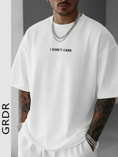 GRDR Men's Casual "I DON'T CARE" Letter Print Round Neck Short Sleeve T-Shirt, Comfortable & Fashionable