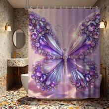“奢华紫色水晶蝴蝶浴帘，粉色缎面背景上镶嵌闪亮紫水晶钻石蝴蝶图案，防水防霉涤纶浴帘套装，含12个挂钩，魅力少女浴室装饰，高端闪亮美学家居卫生间装饰礼品” - 紫 - 查看 8