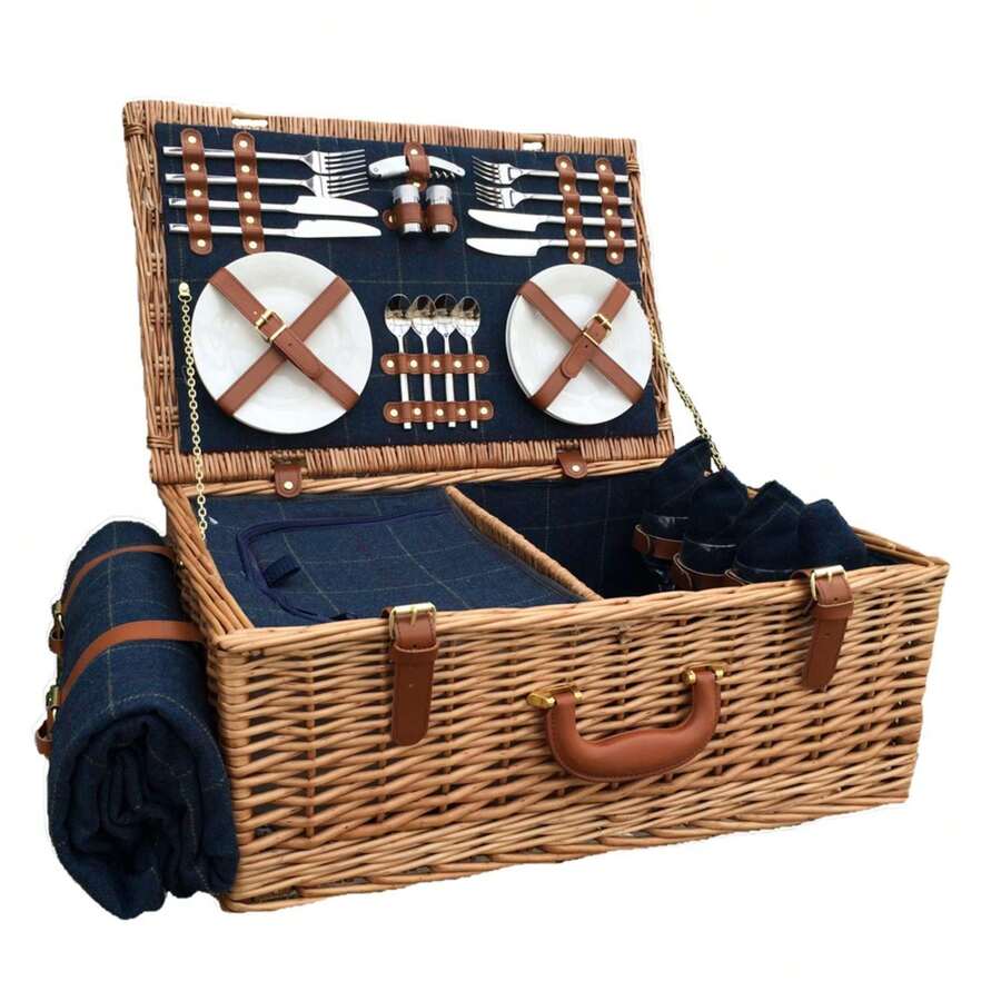 Red Hamper Blue Tweed Fitted Wicker Picnic Basket - Brown - View 1
