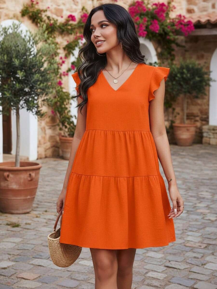 Vestido sexy casual de verano con olanes corto - Naranja - Ver 1