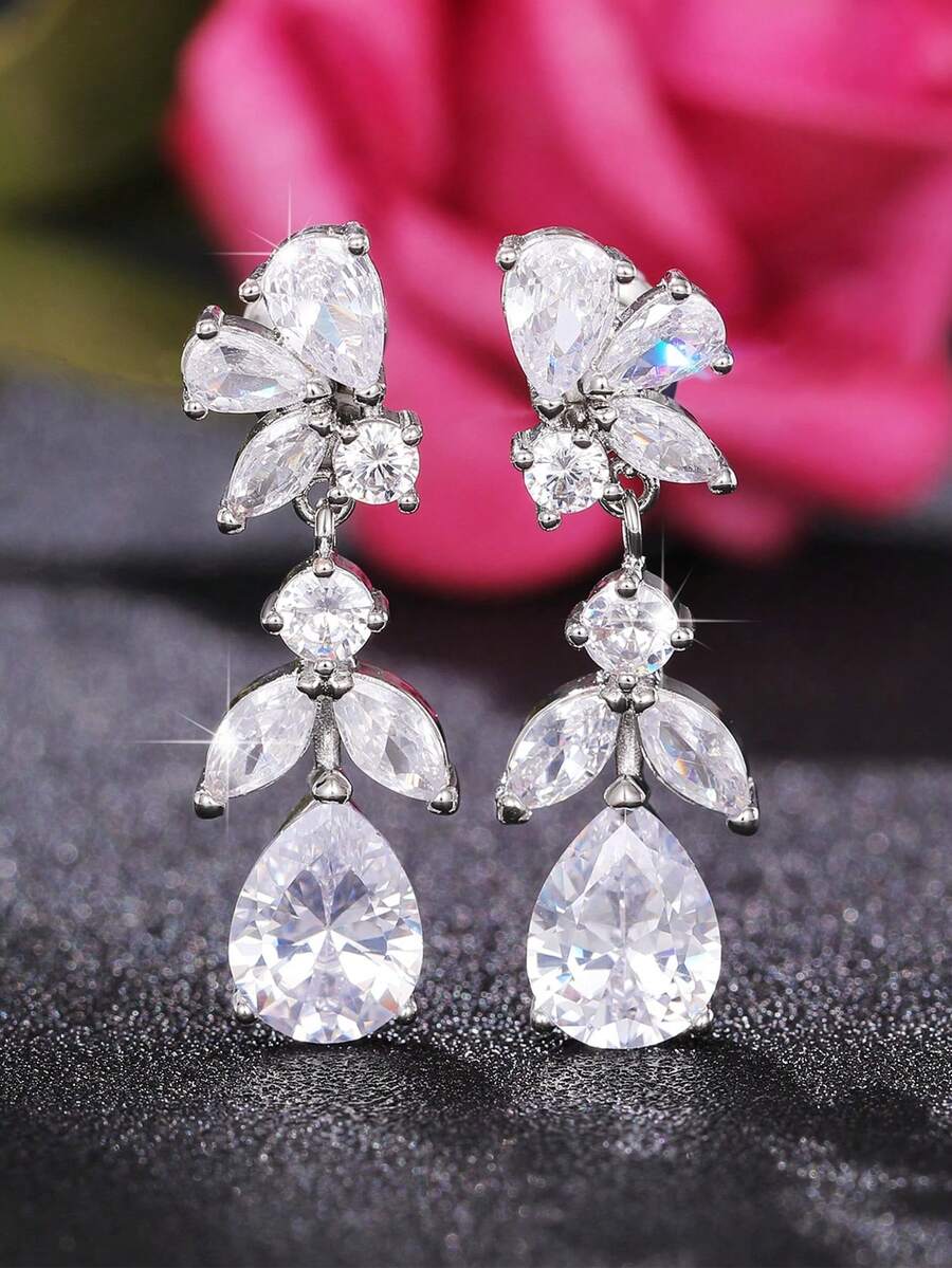1 Pair Elegant Cubic Zirconia Drop Earrings For Women For Wedding Engagement Anniversary Party Jewelry Valentine's Day Gift - 1# - View 1