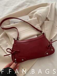 新款时尚纯色蝴蝶结装饰手提包、单肩包、托特包、斜挎包、工作包，适合携带现金、购物、上班、聚会、约会、短途旅行等场合。颜色：酒红色 - 酒紅色 - 查看 1