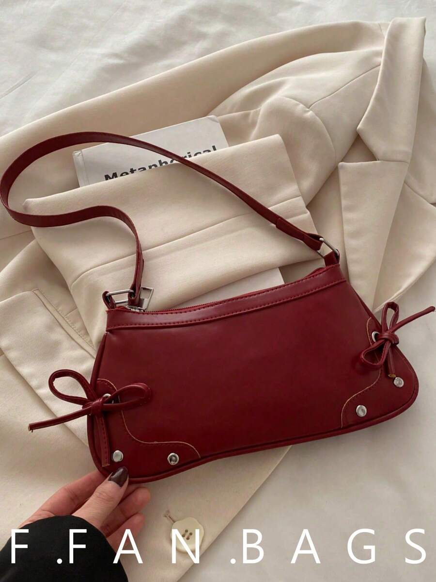 新款时尚纯色蝴蝶结装饰手提包、单肩包、托特包、斜挎包、工作包，适合携带现金、购物、上班、聚会、约会、短途旅行等场合。颜色：酒红色 - 酒紅色 - 查看 1