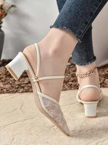 New Mesh Pointed Toe Chunky Heel Sandals Mules Two-Way Wear Pumps,Summer Shoes - Beige - View 4