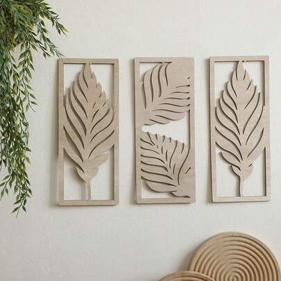 1 Set Boho Style Palm Leaf Wall Decor: Rustic Palm Leaf Wooden Art Pieces, Suitable For Home, Bathroom, Living Room, Office Decoration, No Electricity Required