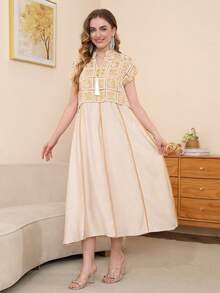 2026 New Style Ramadan Traditional Elegant Embroidered Arabic Women's Dress, Jalabia Design With Golden Tassel V-Neck Patchwork Blouse, Fashion & Graceful - Beige - View 9