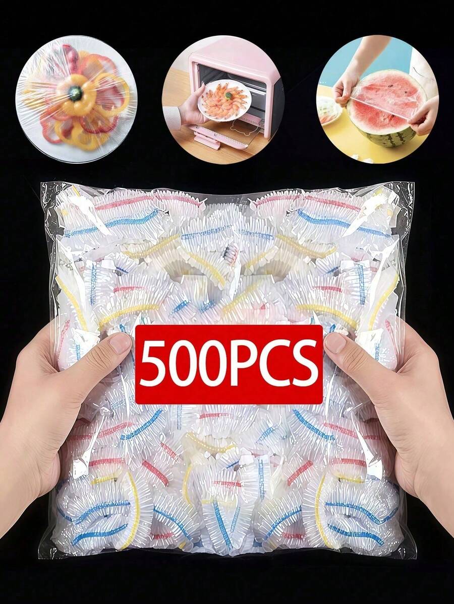 500/300/200/100/50/1入彩色彈性PE食品儲存蓋，可拉伸自密封塑膠碗蓋與保鮮袋，適用剩食、廚房冰箱食物防護，多用途防塵蓋與浴帽，野餐派對用品