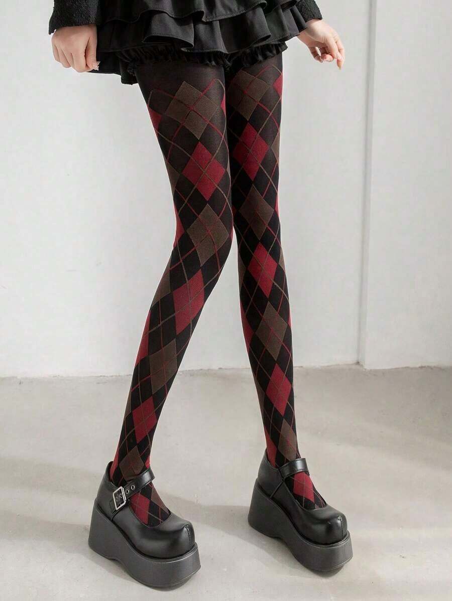 Plaid, Striped, Green & Pantyhose, Diamond Grid Nylon Tights With Cartoon Cat Pattern, High Elasticity Opaque Tights,Breathable Slimming Yoga Pants For Women, Cozy - 粉色 - 查看 1