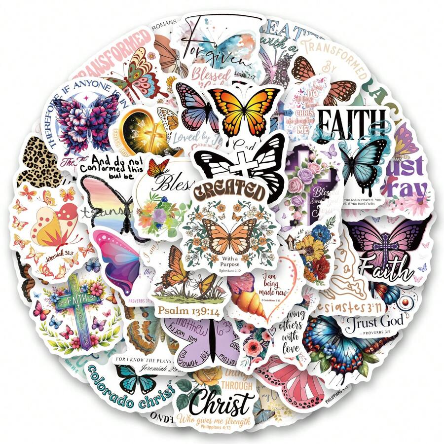 61pcs Butterfly Christian Vinyl Stickers, Beautiful And Practical, Suitable For Scrapbooks, Diaries, Bumpers, Skateboards, Water Bottles, Helmets, Water Cups, Car Stickers, Etc. - Random - View 1