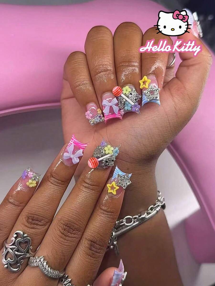 Sanrio Hello Kitty Y2K 24片中號鴨子造型豹紋與粉色法式美甲貼片,附可愛3D Hello Kitty、粉色蝴蝶結、愛心、鑽石星星、棒棒糖、水鑽與花朵設計,完美貼合假指甲套組,適合女孩日常與派對使用 - 彩色 - 查看 1