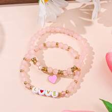 2件套简约心形合金吊坠，亚克力字母和水晶串珠弹力手链，适合女性佩戴 - 心 - 查看 8