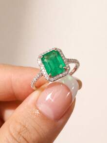 Stylever 1pc Luxury Green Ring, Women's Jewelry, 925 Sterling Silver, Elegant Candy Wedding Band, Exquisite Jewelry, Anniversary Gift, Bridal Jewelry, Ball Decoration - Green Stone - View 3