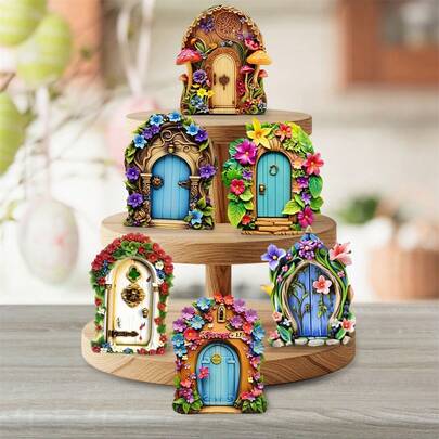 6pcs Wooden Mini Fairy Door Decor, Creative Floral Cottage Pattern 2D Fairy Door Ornaments, Garden Decoration Props, 2D Flat Design