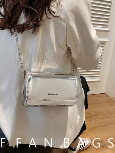 Lightweight,Business Casual Mini Metallic Letter Graphic Flap Square Bag For Teen Girls Women College Students,Rookies & White-Collar Workers Perfect For Office,College,Work,Business,Commute,Outdoors,Travel,Outings, Funky, Punk & Bag For Street Wear