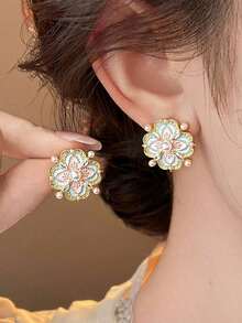 1 Pair Vintage French Elegant Luxury Enamel Floral Design Earrings, Unique Style For Women, Suitable For Daily Wear, Dance, Date, Party - 彩色 - 查看 2
