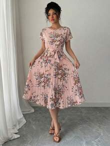 Summer Boho Floral Tiered Dress Women's Short Sleeve Crewneck Tie Front Pleated Flounce Hem Maxi Beach Vacation Dress - Hồng - Xem 4