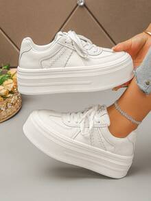 Giày thể thao đế dày cao gót cho nữ, màu trắng, kiểu dáng thể thao năng động, buộc dây, đa năng. - trắng - Xem 1