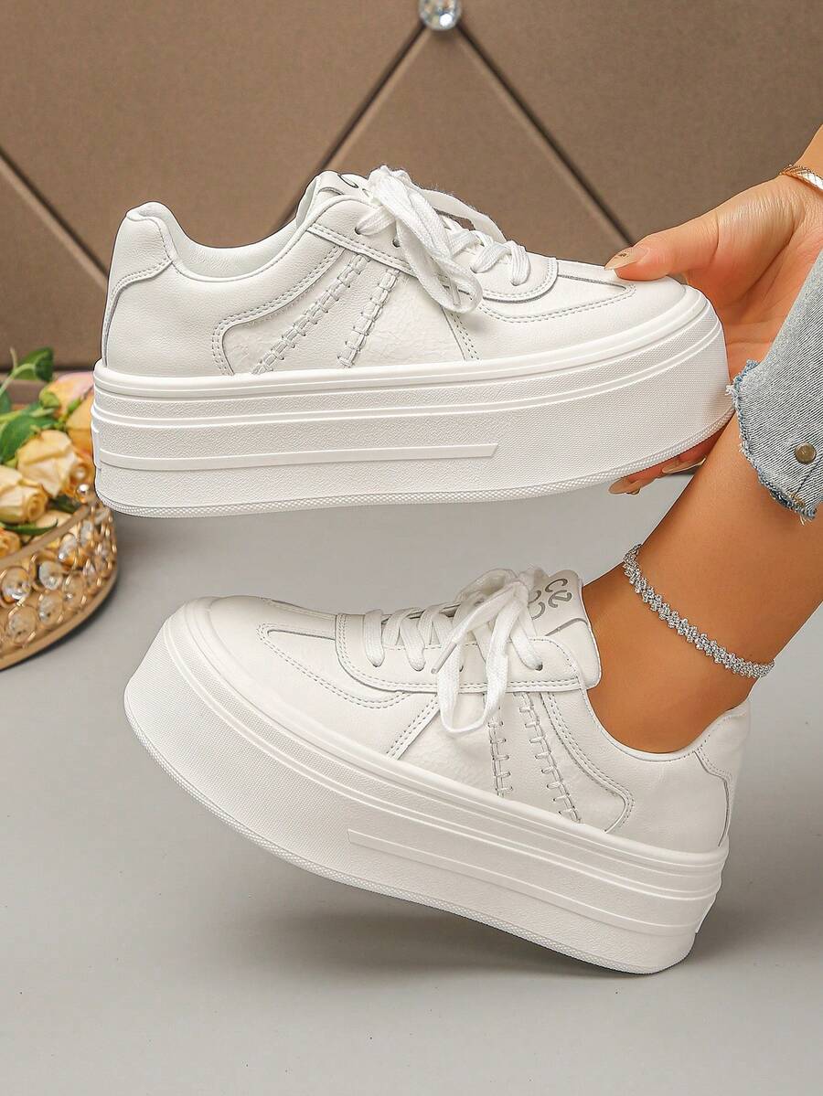 Giày thể thao đế dày cao gót cho nữ, màu trắng, kiểu dáng thể thao năng động, buộc dây, đa năng. - trắng - Xem 1