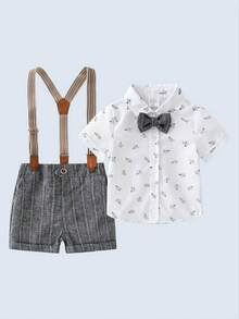 BOARNSEORL 2pcs Baby Boys Gentleman Outfit: Short Sleeve Collared Shirt With Bow Tie And Gray Suspender Shorts, Fashionable & Cute, Suitable For Birthday Party, Banquet, 1st Birthday Ceremony - Grey - View 6