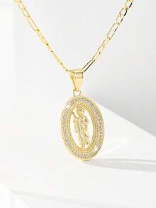 1pc Classic European And American Copper Inlaid Zirconia Guardian Angel Pendant Necklace, Suitable For Christmas/Thanksgiving/Halloween/Mother's Day/Valentine's Day Gifts For Couples/Friends/Churchgoers, Catholic First Communion, Gifts, Daily And Holiday Wear For Prayer - Yellow Gold - View 2