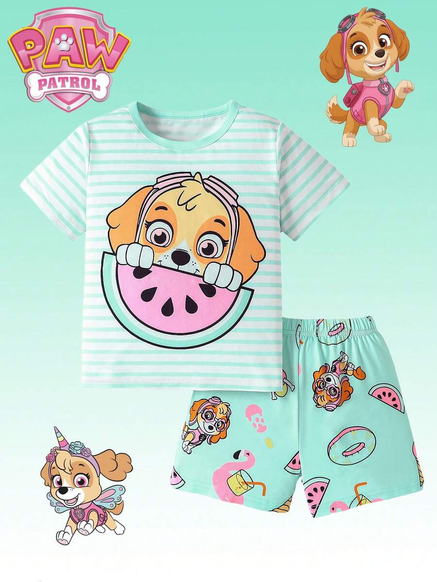 Paw Patrol Bộ đồ  2 món cho bé gái, gồm áo thun ngắn tay cổ tròn màu xanh sọc in hình chú chó hoạt hình và quần short, đồ ngủ mặc nhà cho trẻ em, thích hợp cho mặc hàng ngày, đi chơi, nghỉ lễ, làm quà tặng. - Màu xanh nhạt - Xem 1