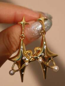 1 Pair Fashionable Starburst Cross Star Earrings, Design Versatile Daily & Party Earrings For Women - Gold - View 2