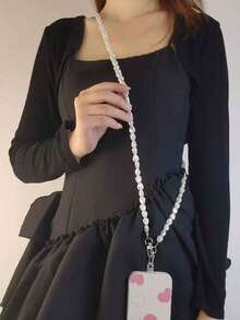 1条珍珠白手机挂绳，精致女士设计，高端时尚珍珠心形手机挂绳，串珠斜挎长项链挂绳 - 白色 - 查看 3