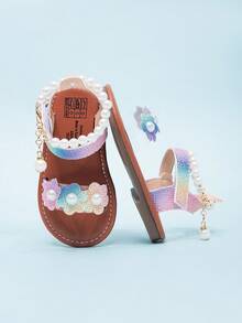 Cute White Infant Sandals With Pearl Chain & Hook And Loop Ankle Strap - Multicolor - View 7