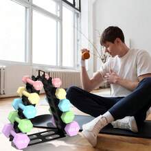 Soporte para mancuernas (mancuernas no incluidas), soporte metálico en forma de A para mancuernas con asa, organizador de almacenamiento de pesas multinivel para mancuernas, soporte/estante compacto para pesas en forma de árbol, perfecto para gimnasio en casa para mujeres. - Negro - - Ver 8