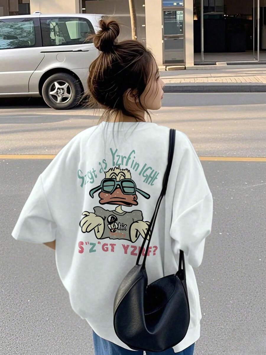 Women's Loose Fit Round Neck Cute Duck Cartoon Print T-Shirt, Spring/Summer Casual White - White - View 1