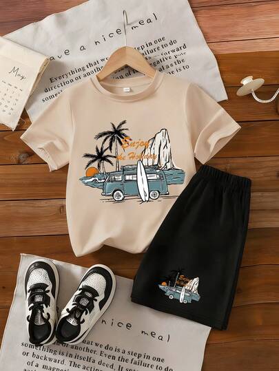 2 pezzi/set Completo casual da ragazzo adolescente con maglietta a maniche corte e pantaloncini con stampa di tavola da surf, adatto per vacanze, tempo libero, scuola, uscite quotidiane, feste, festival musicali in primavera/estate
