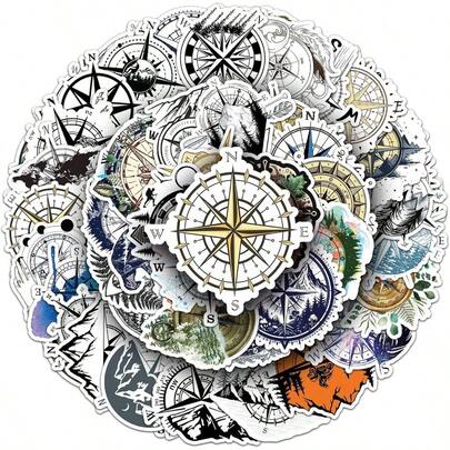 Compass Stickers 50PCS Graffiti Aesthetics Waterproof Vinyl Kids Girls Boys Teens Adults For Bottles Laptop Suitcase For Birthday Party Supplies Rewards (Colourful)