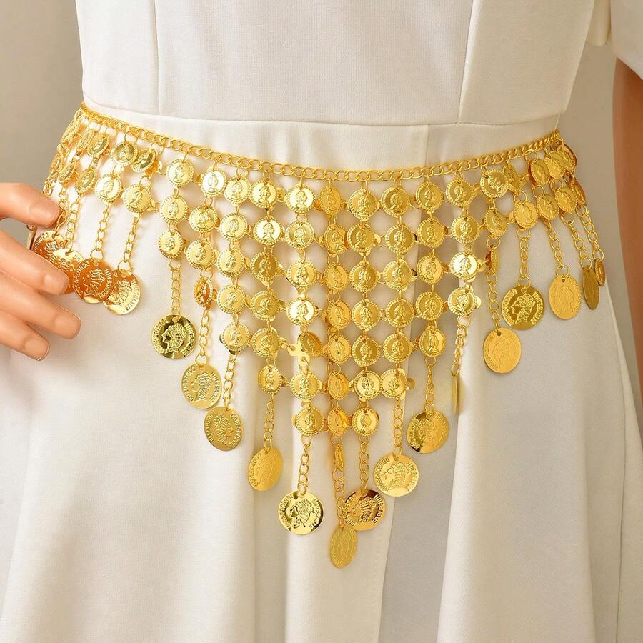 Dây đeo eo thời trang, dây đeo thân nhiều lớp mạ vàng cổ điển, phụ kiện thắt lưng kiểu Trung Đông dành cho cô dâu, dự tiệc và đám cưới. - Vàng - Xem 1