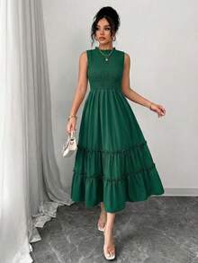 Summer Sleeveless Smocked Dress Women's Crewneck Ruffle Trim Flounce Hem Solid Color Casual Beach Vacation Midi Dress - 墨綠色 - 查看 4