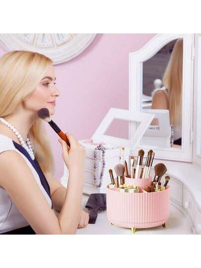 5-Slot Rotary Makeup Brush Storage Box, Large Capacity Cosmetic Organizer Case For Makeup Brushes, Eyebrow Pencils, Lipsticks, Skincare Products And Small Accessories, Portable Vanity Storage Box For Dormitory, Bedroom, Bathroom Counter, Office Desk Stationery Organizer, Or Travel Carrying Case, Ideal Christmas Birthday Gift For Teen Girls, Women, Moms, Friends