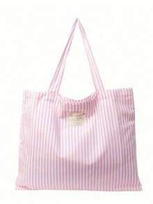 Vintage Striped Canvas Tote Bag, Women's Large Capacity Striped Canvas Tote Bag - Fashion Shoulder Bag, Suitable For Travel And Shopping, Bright Red And White Stripes, Large Capacity, Versatile, Washable - No Buckle, Daily Handbag, Casual Daily Tote Bag , Beach Bag , Office - 粉色 - 查看 7