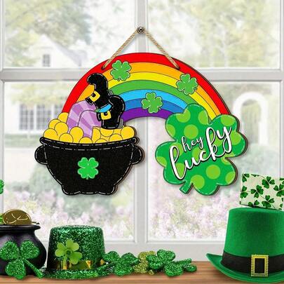 1件圣帕特里克节挂牌，爱尔兰三叶草彩虹木质牌匾，适合农舍风格圣帕特里克节主题派对户外门廊前门装饰，幸运三叶草门牌，适合前门、家门、墙壁和窗户装饰 - 随机绳子