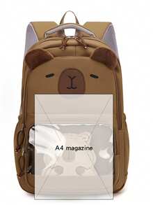 1pc 3D Capybara Embroidery + Transparent PVC Window Nylon Waterproof Large Capacity Multi-Compartment Zipper Closure Cute & Playful Backpack, Suitable For Students And Daily Commute - Multicolor - View 3
